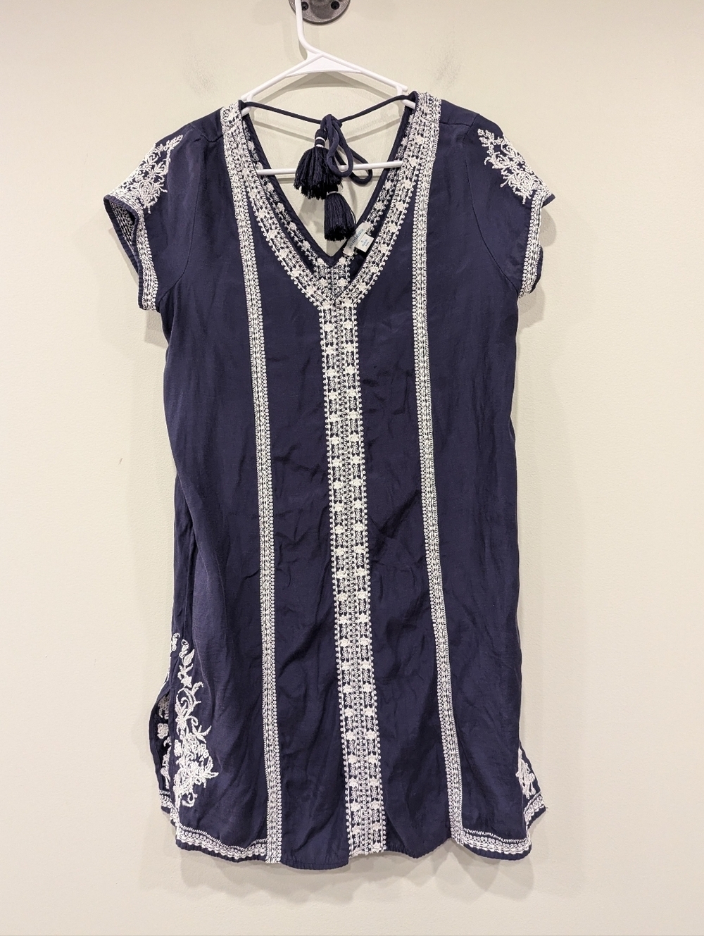 Sundance Catalog Blue Embroidered Tie Neck Tunic Size Small